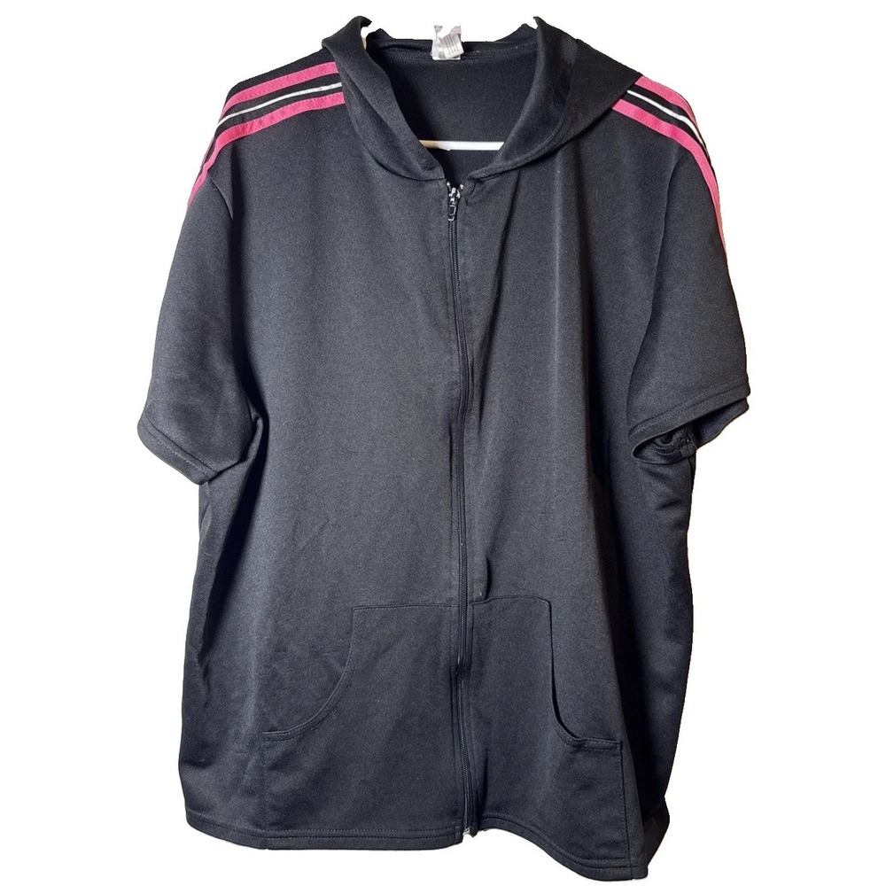 VTG Bobbie Brooks Womens 3X 24-26 Black Pink Stripe Zip Front Short Sleeve Top